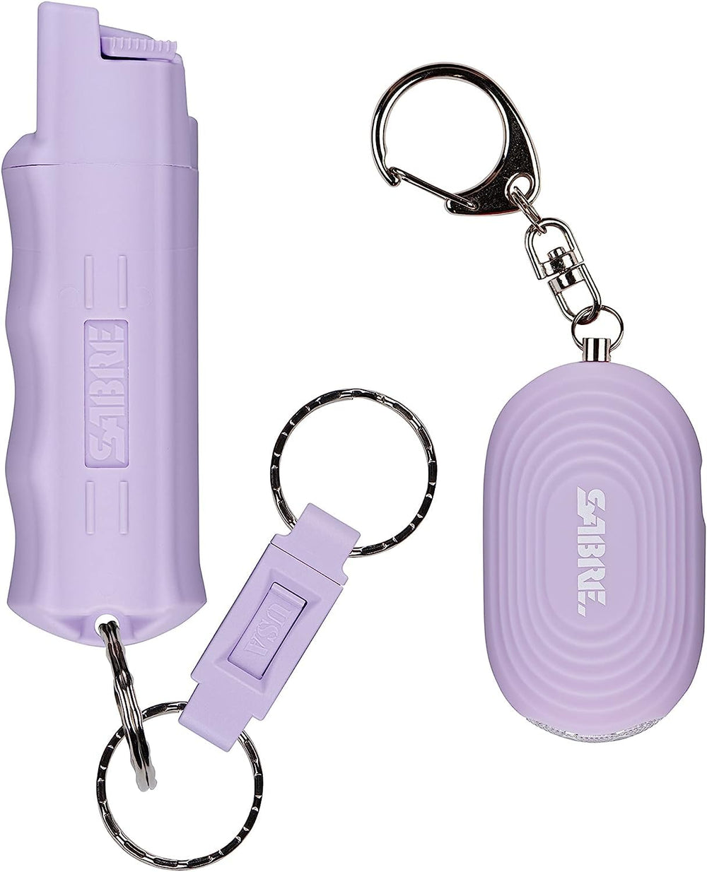 SABRE pepper spray canister on a key chain with lavender finish for quick self-defense access.