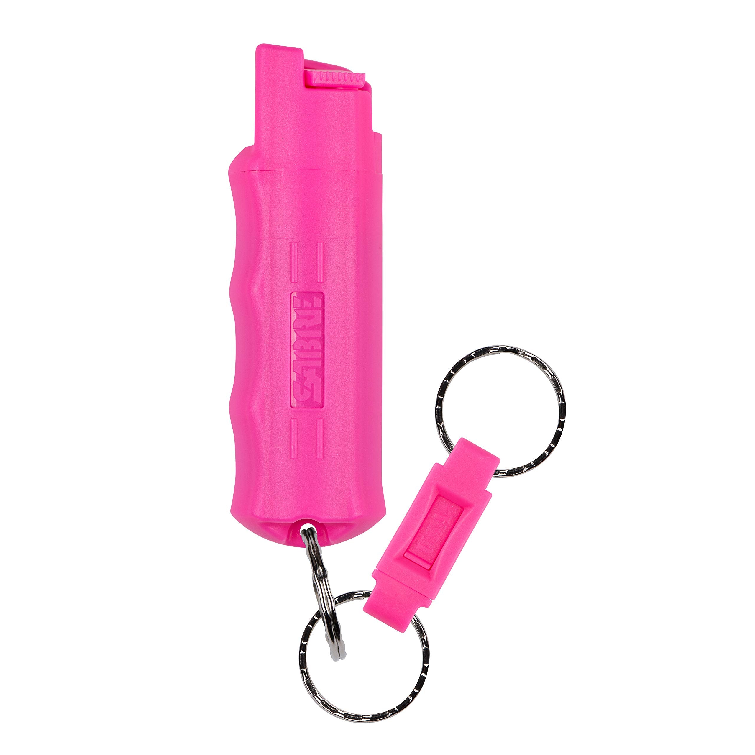 SABRE pepper spray with quick-release keychain for fast access in a threat situation.