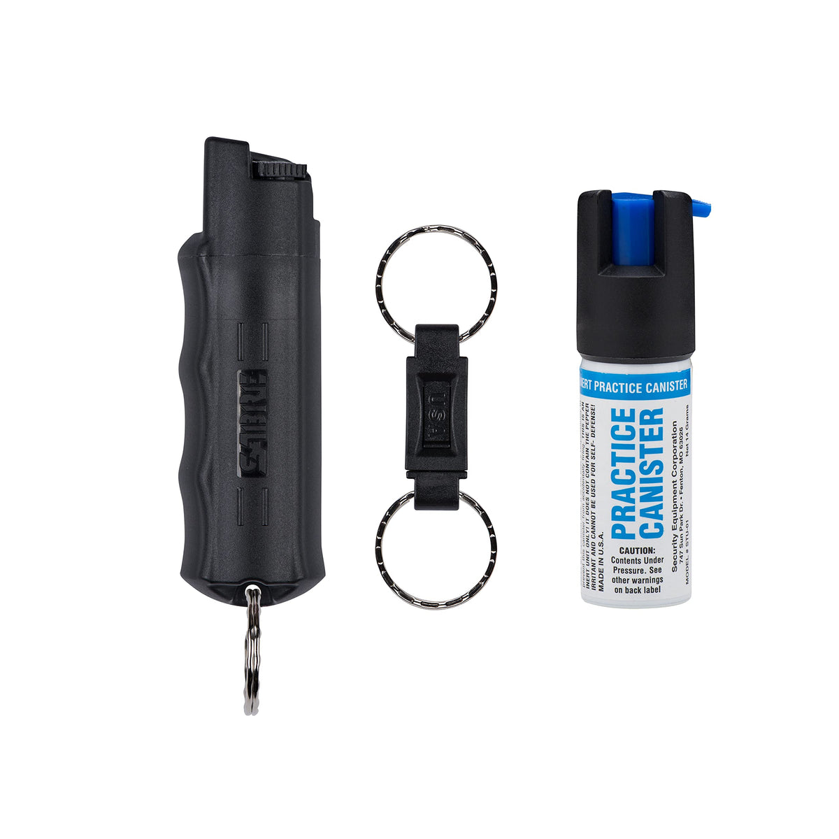 SABRE pepper spray with quick-release keychain for fast access during emergencies.