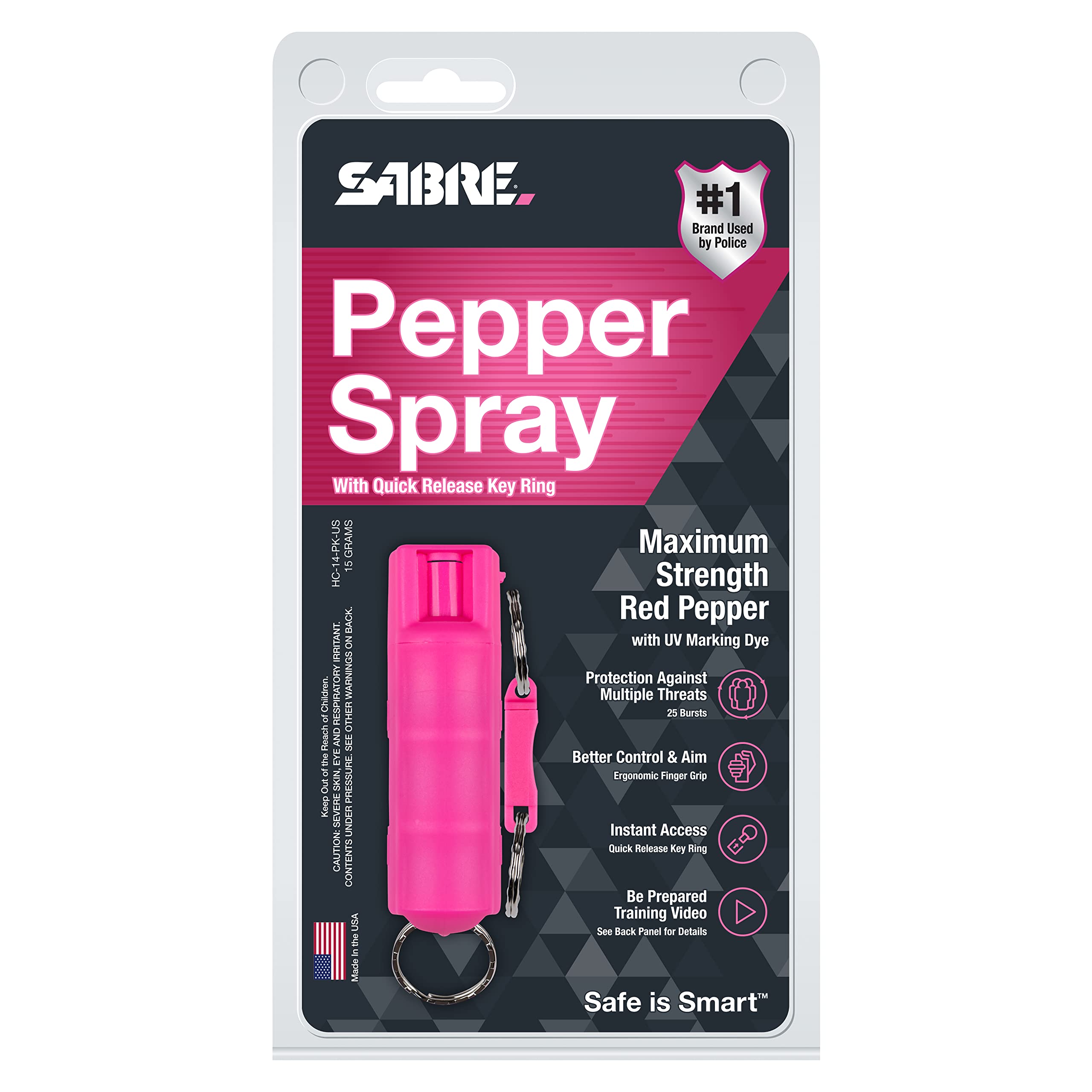 SABRE pepper spray safety twist-lock ensures secure storage and easy deployment.