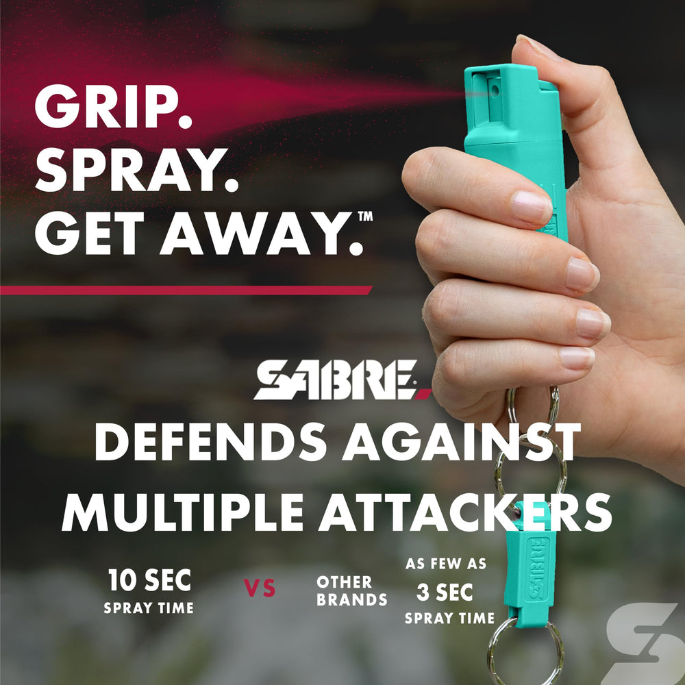 SABRE pepper spray demonstrating ten-second spray time in a compact form.