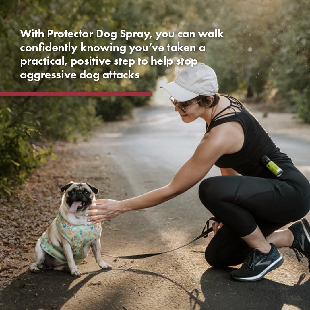 SABRE Protector dog spray demonstrates 15-foot range for safer distance.