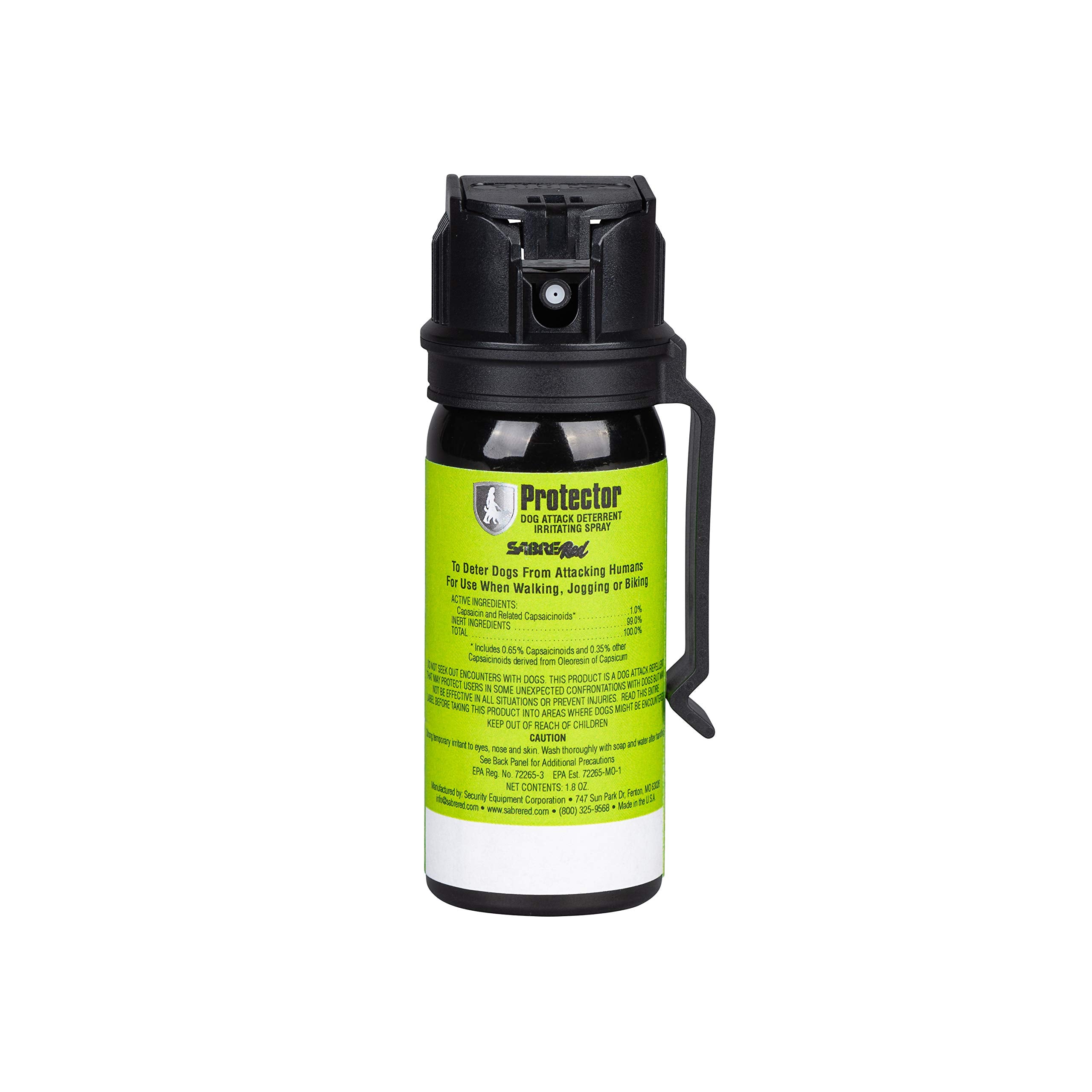 SABRE Protector Dog Spray with belt clip for quick, hands-free access during walks.