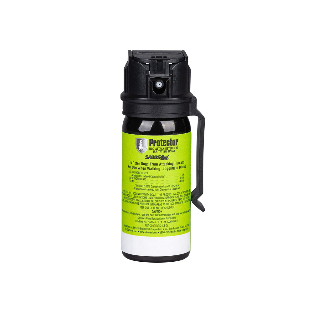 SABRE Protector Dog Spray with belt clip for quick, hands-free access during walks.