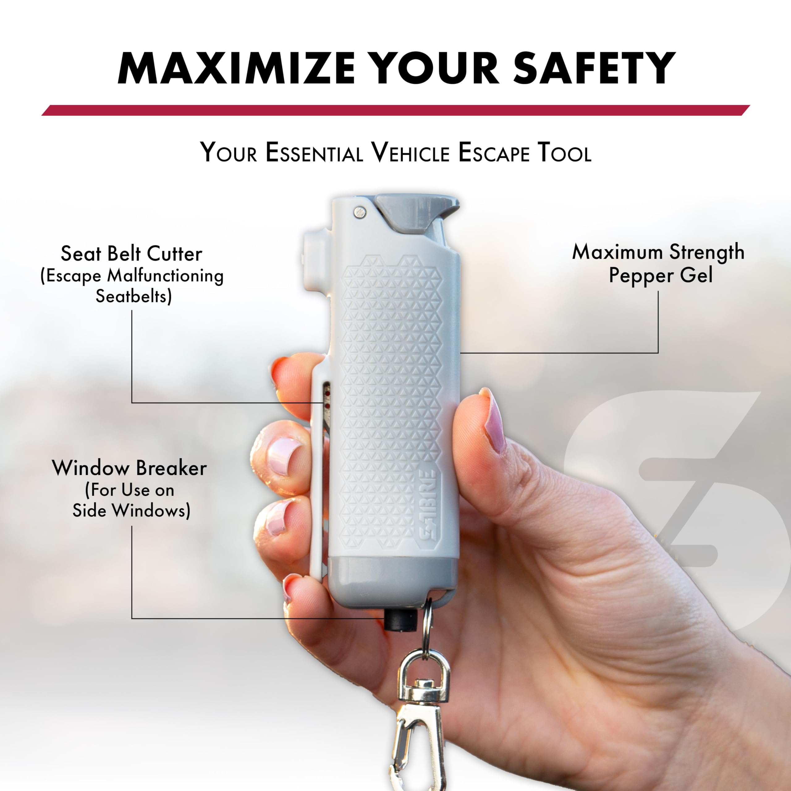 SABRE Safe Escape steel window breaker ready to exit a jammed vehicle.