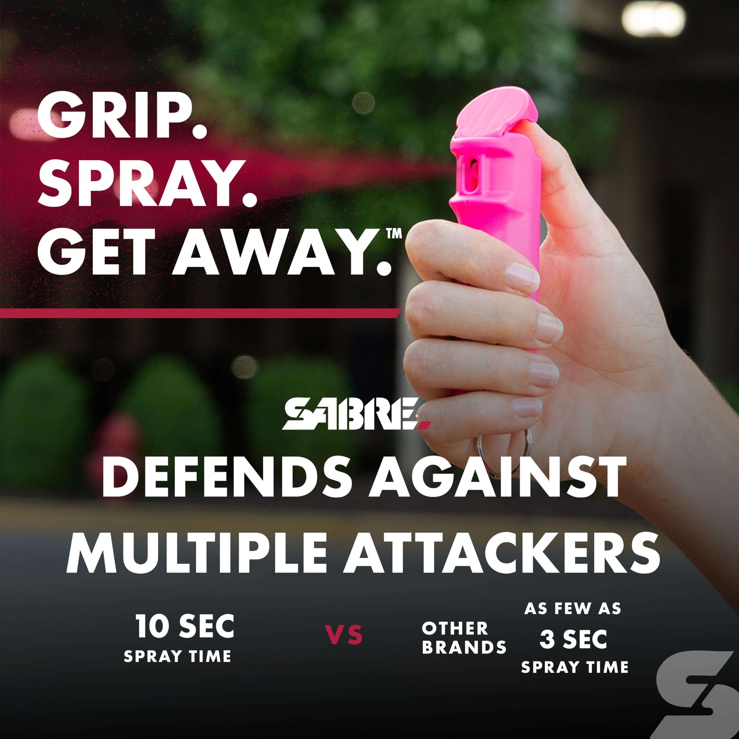 SABRE stun gun with 120-lumen LED light for nighttime visibility.