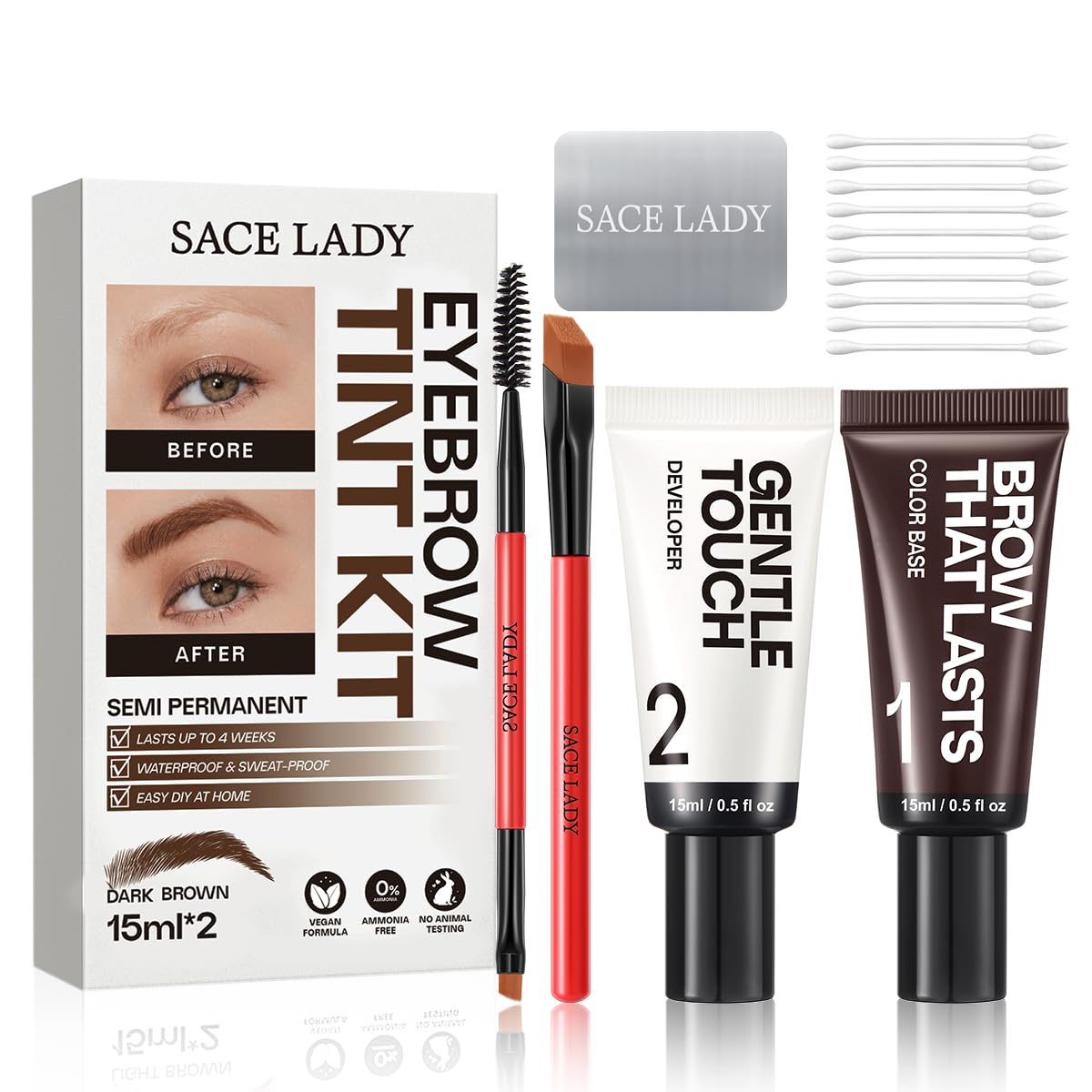 SACE LADY eyebrow color kit packaging showcasing vegan formula for long-lasting brows