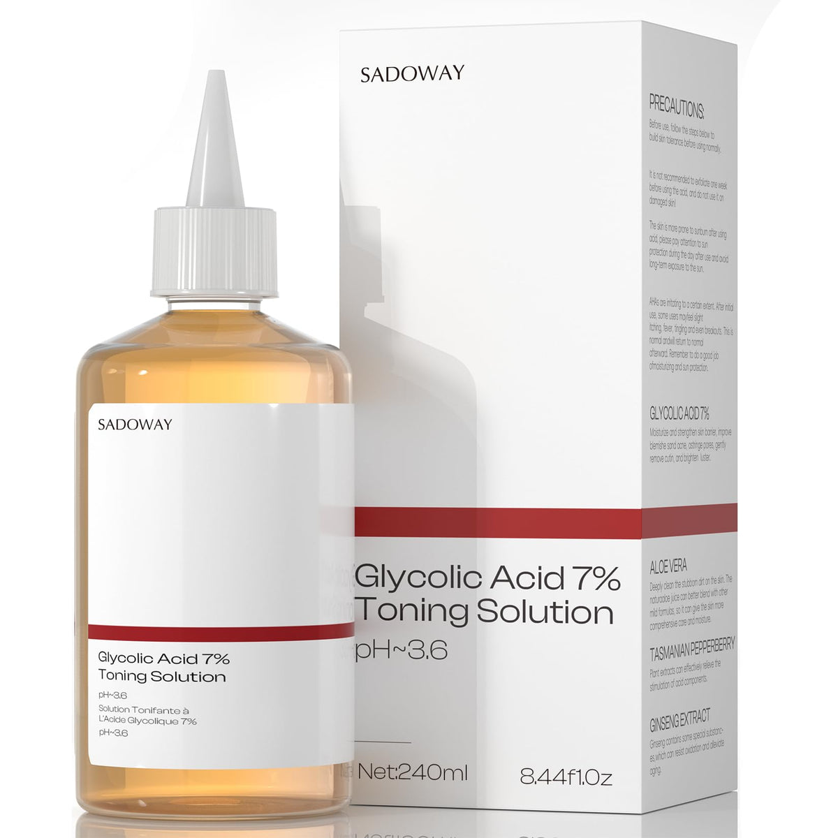 SADOWAY Glycolic Toner bottle front in a clean skincare setting, highlighting design and branding.