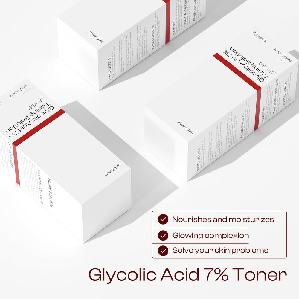 SADOWAY Glycolic Toner ingredients chart emphasizing aloe vera and ginseng for soothing care.