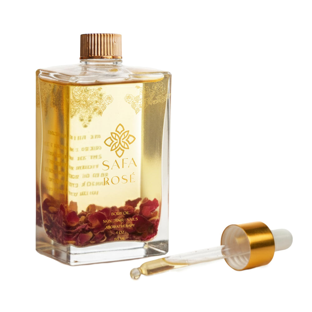 SAFA Rosé Oil bottle ready for daily skin nourishment and fragrance.