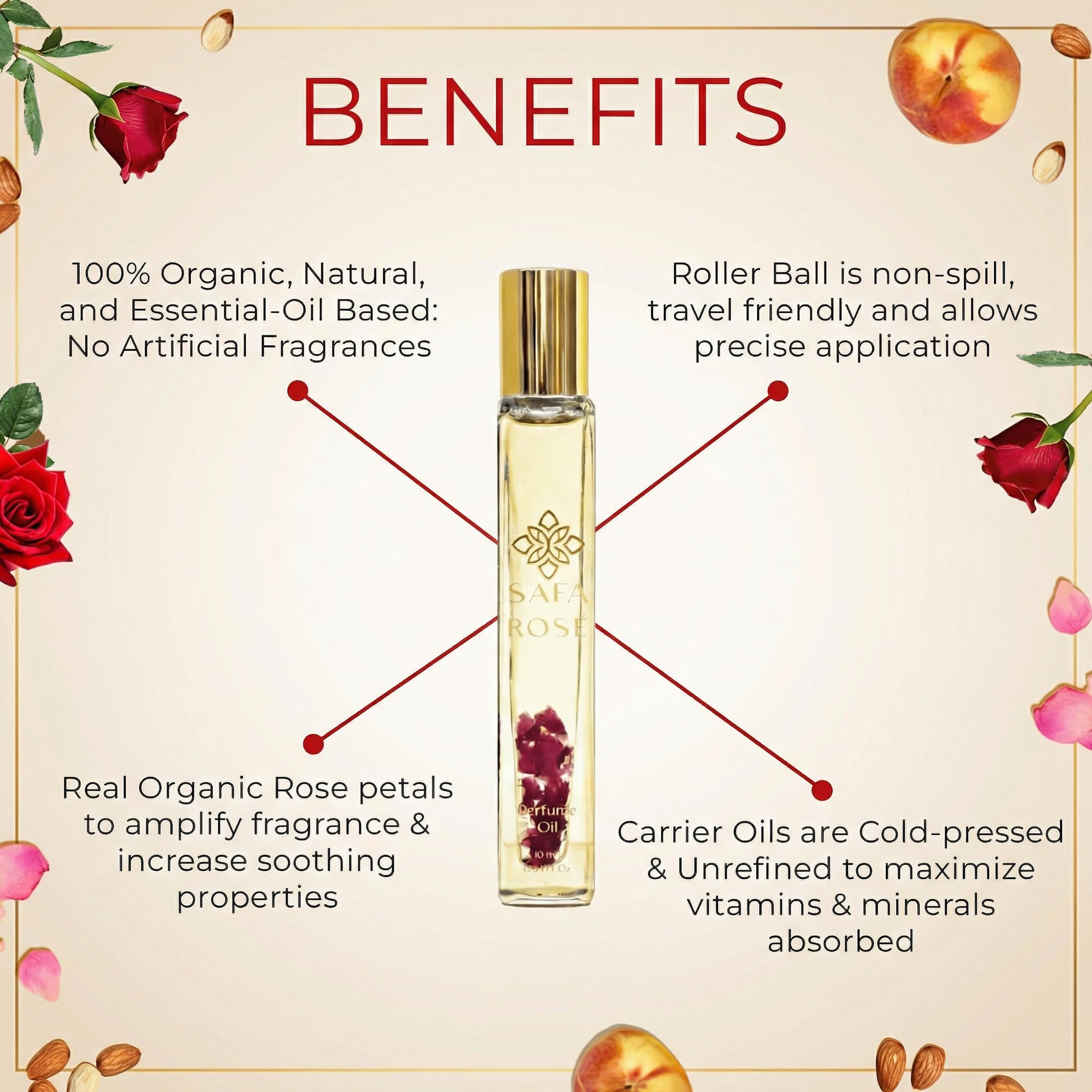 SAFA Rosé perfume roller showcasing Bulgarian rose essential oil, offering rich hydration and long-lasting scent.