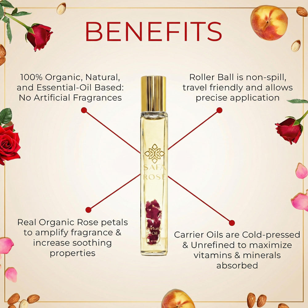 SAFA Rosé perfume roller showcasing Bulgarian rose essential oil, offering rich hydration and long-lasting scent.
