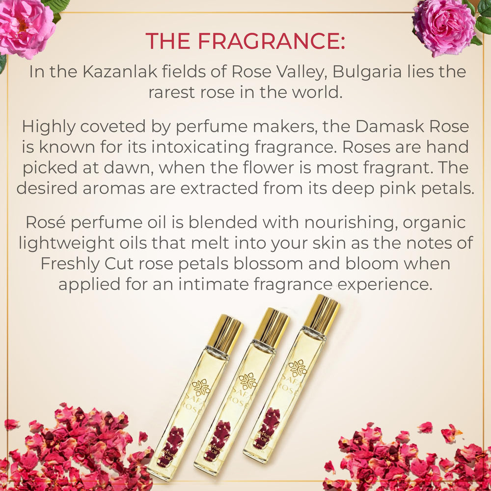 SAFA Rosé oil roller close-up of petals, highlighting natural Damask aromas for mood enhancement.