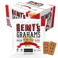 The Safe + Fair Remy’s Cinnamon Grahams pack front, peanut-free snack for school lunches.