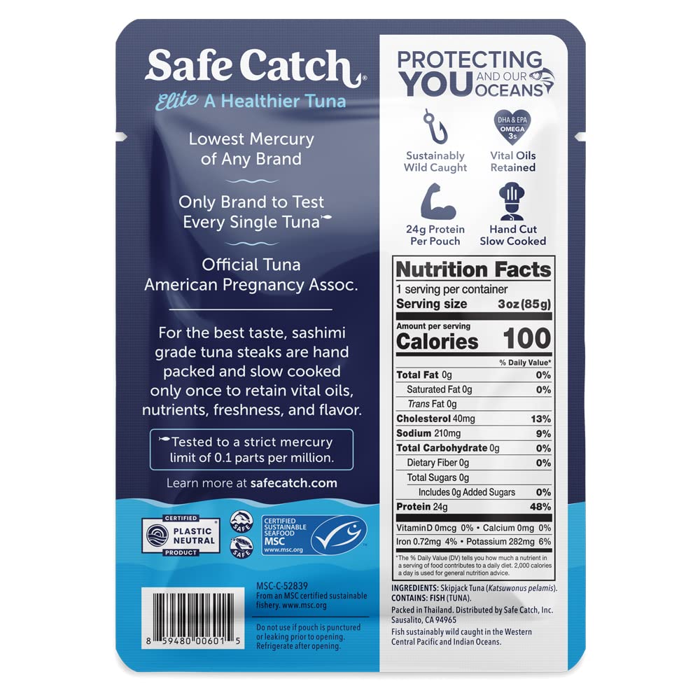 Safe Catch Elite tuna pouch open — ready-to-eat, protein-packed snack.