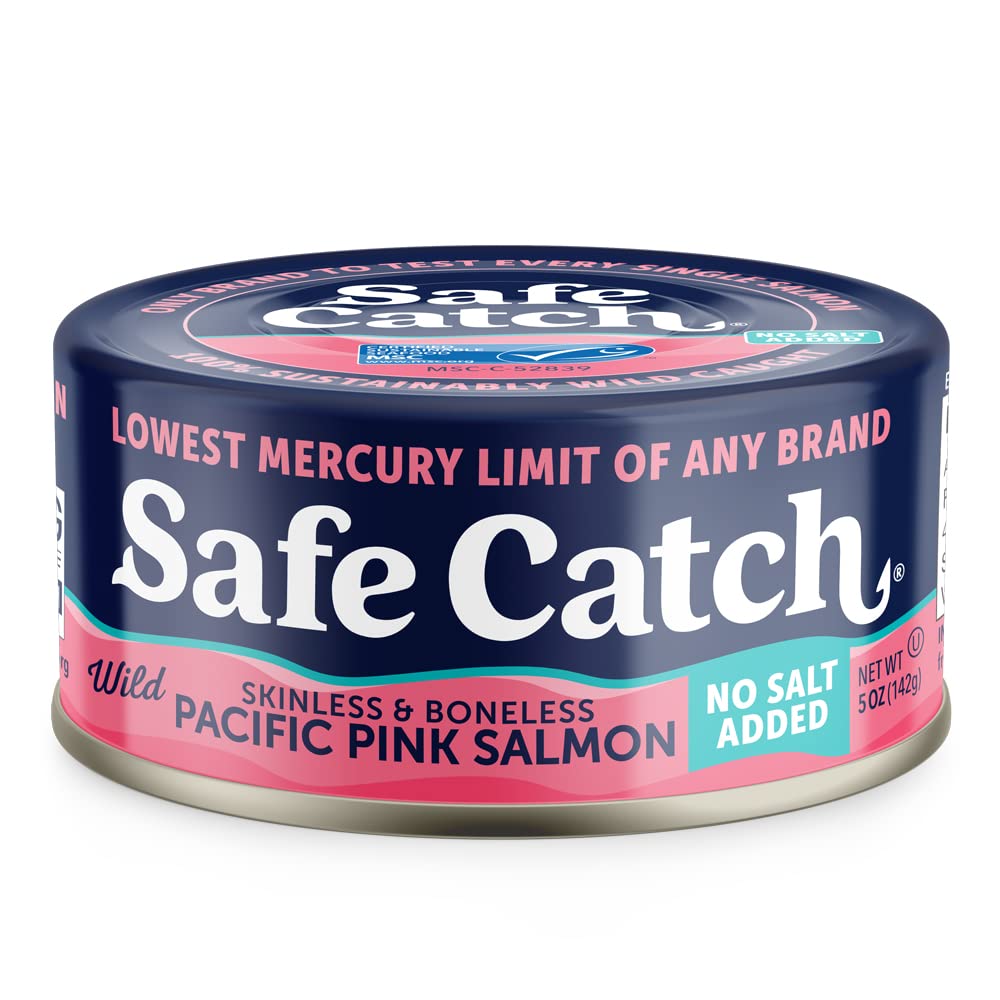 Safe Catch mercury-tested label close-up; low mercury assurance.