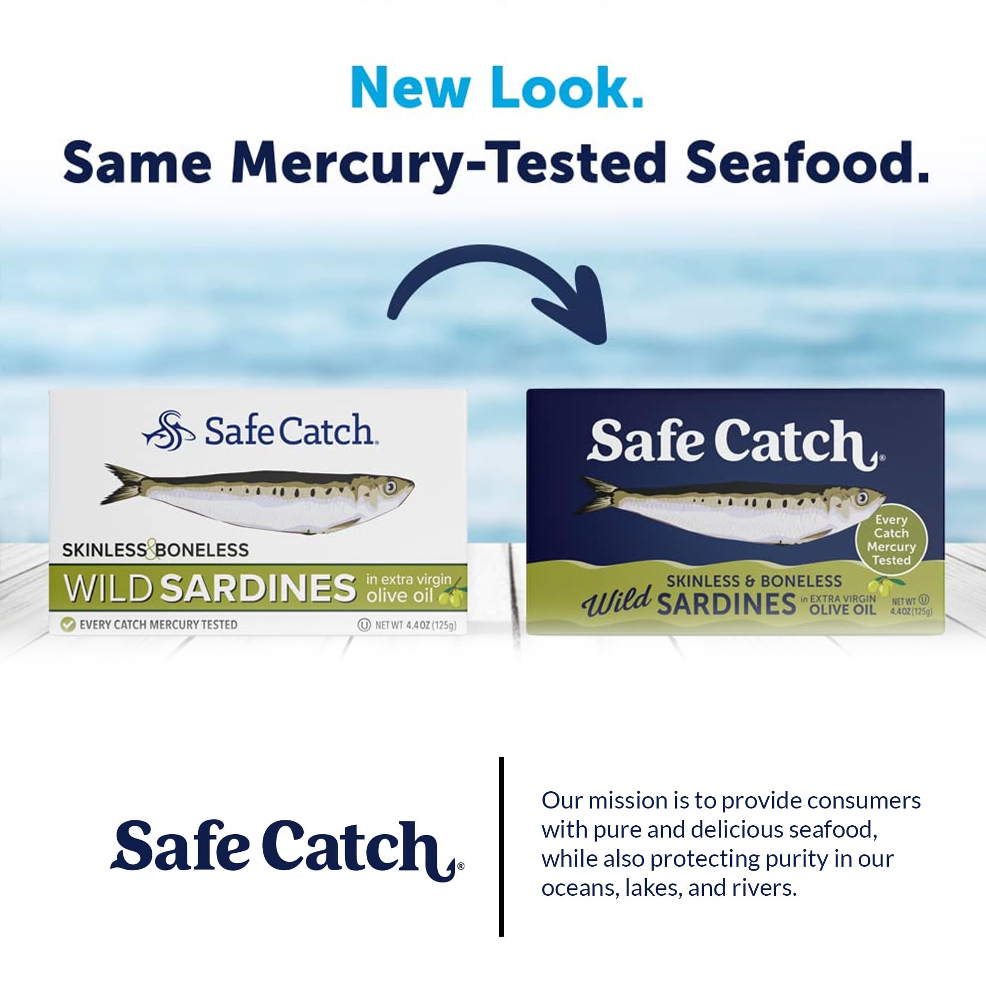 Safe Catch mercury-tested label on tin, indicating safety standards