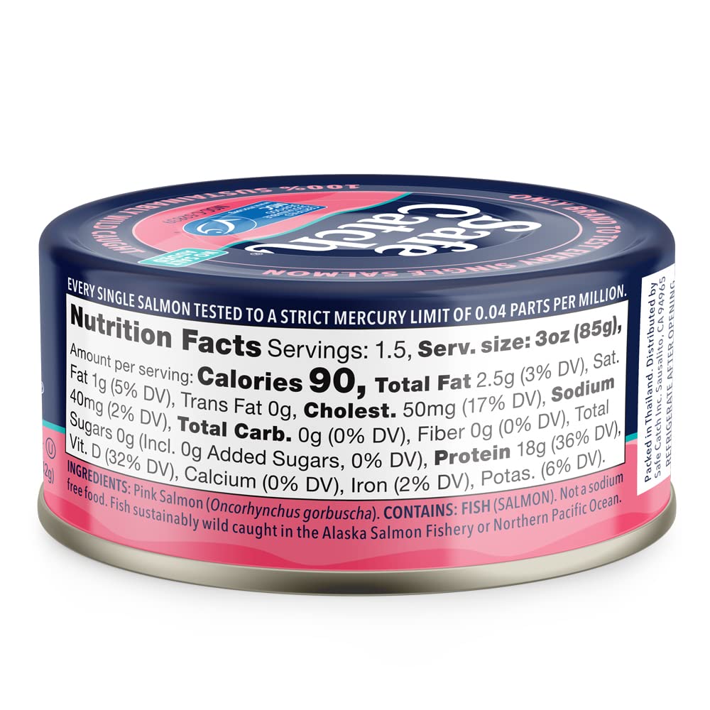 Safe Catch no-salt-added skinless salmon can side view; additive-free flavor.