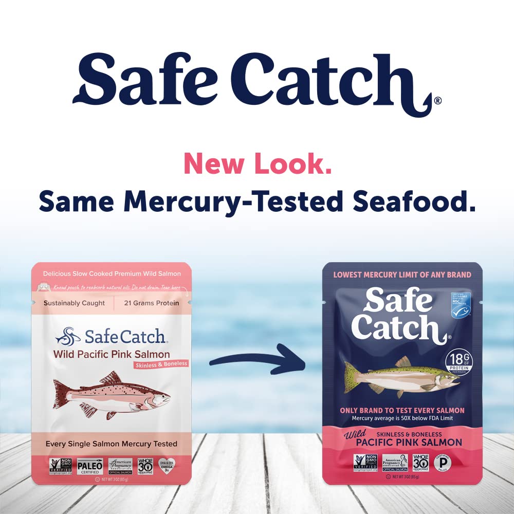 Safe Catch on-the-go salmon pouch provides a convenient snack option.