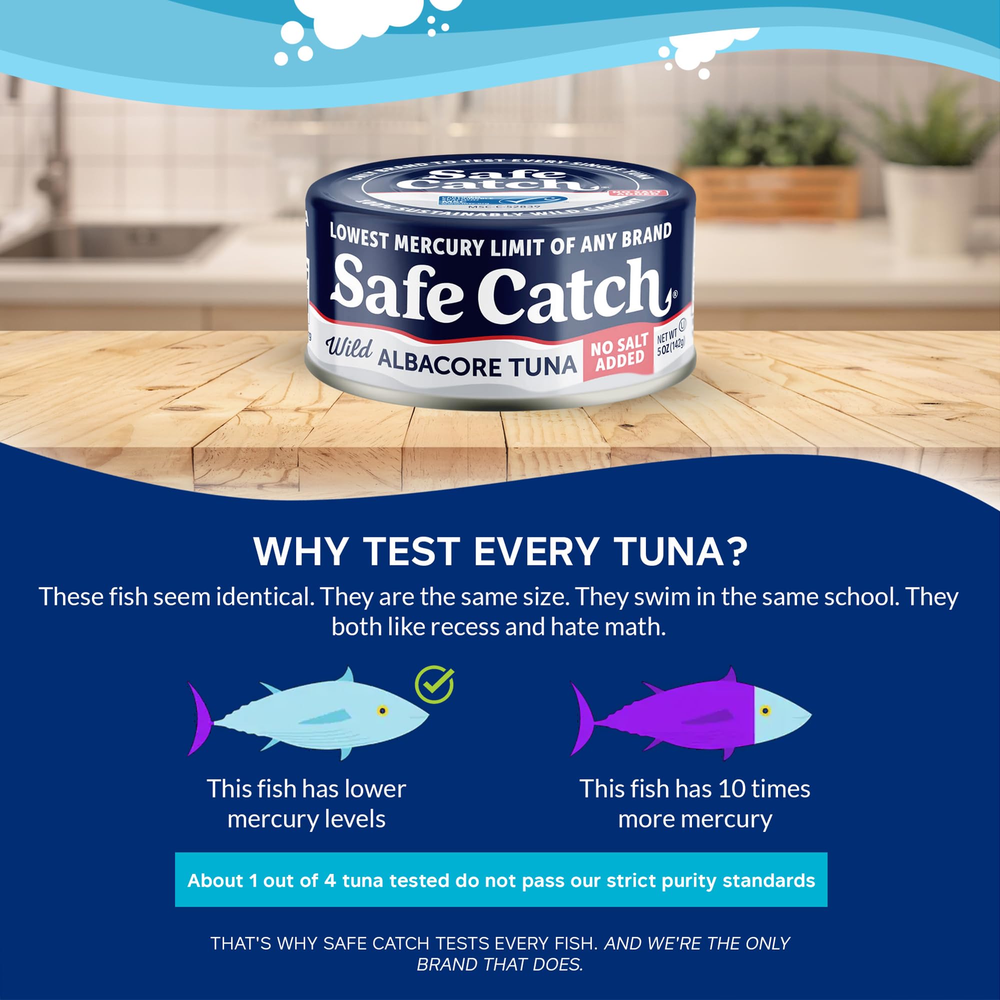 Safe Catch tuna can showing 35g of protein per serving