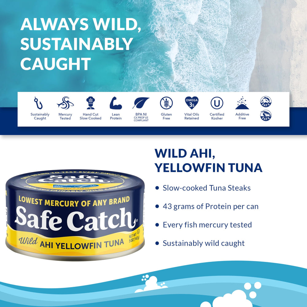 Safe Catch tuna can label shows no additives for clean flavor.