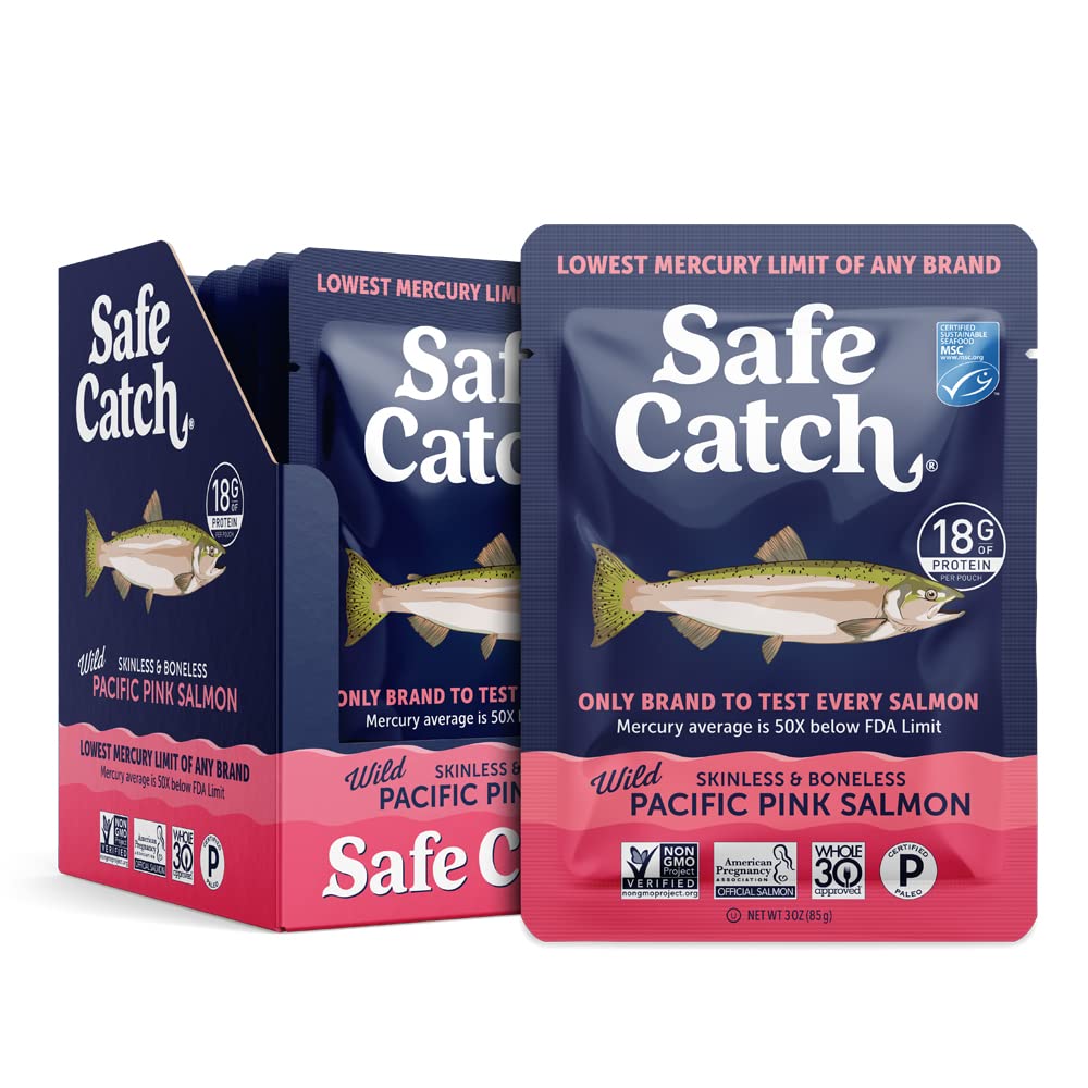 Safe Catch salmon pouch packaging closeup showing convenient, skinless portions for quick meals.