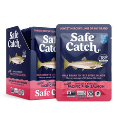 Safe Catch salmon pouch packaging closeup showing convenient, skinless portions for quick meals.