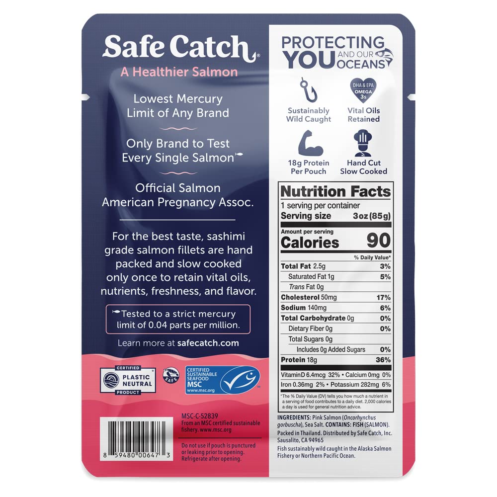 Safe Catch Wild Pink Salmon skinless boneless pouch ready to scoop for easy lunches.