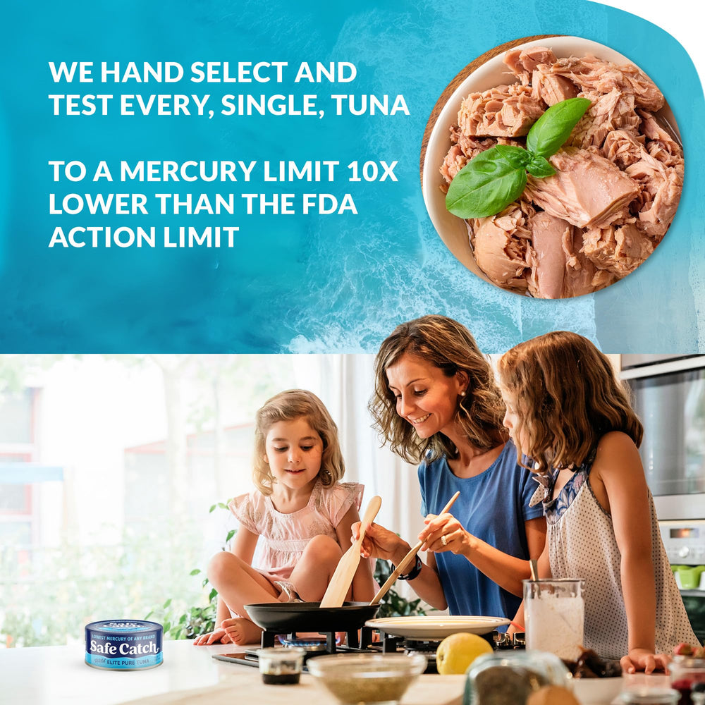 Safe Catch Wild Tuna omega-3 rich can highlights natural fats.