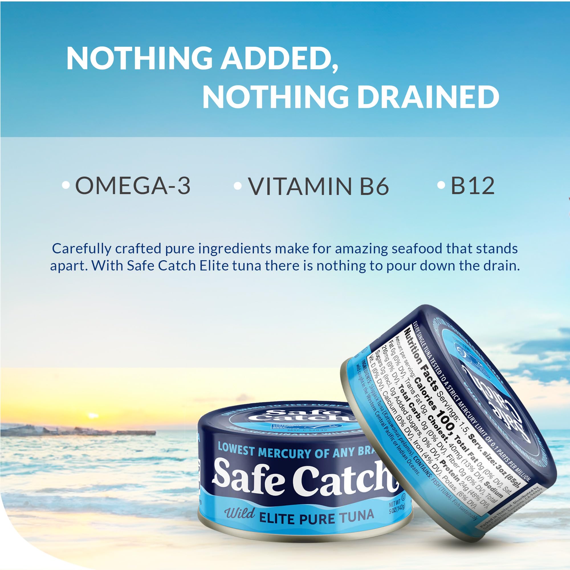 Safe Catch sustainability logo on packaging indicates wild caught sourcing.