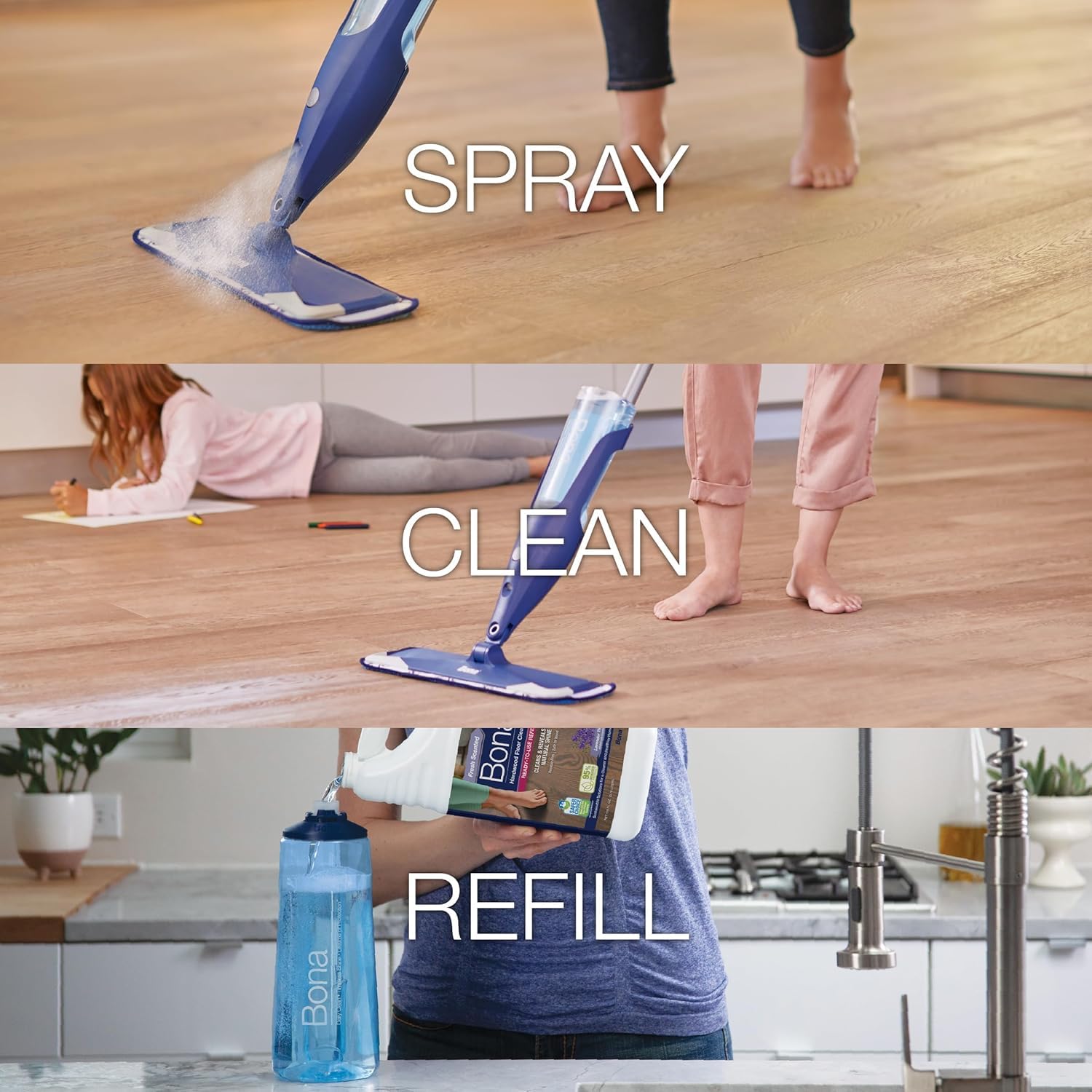 Water-based, residue-free solution that dries quickly after mopping.