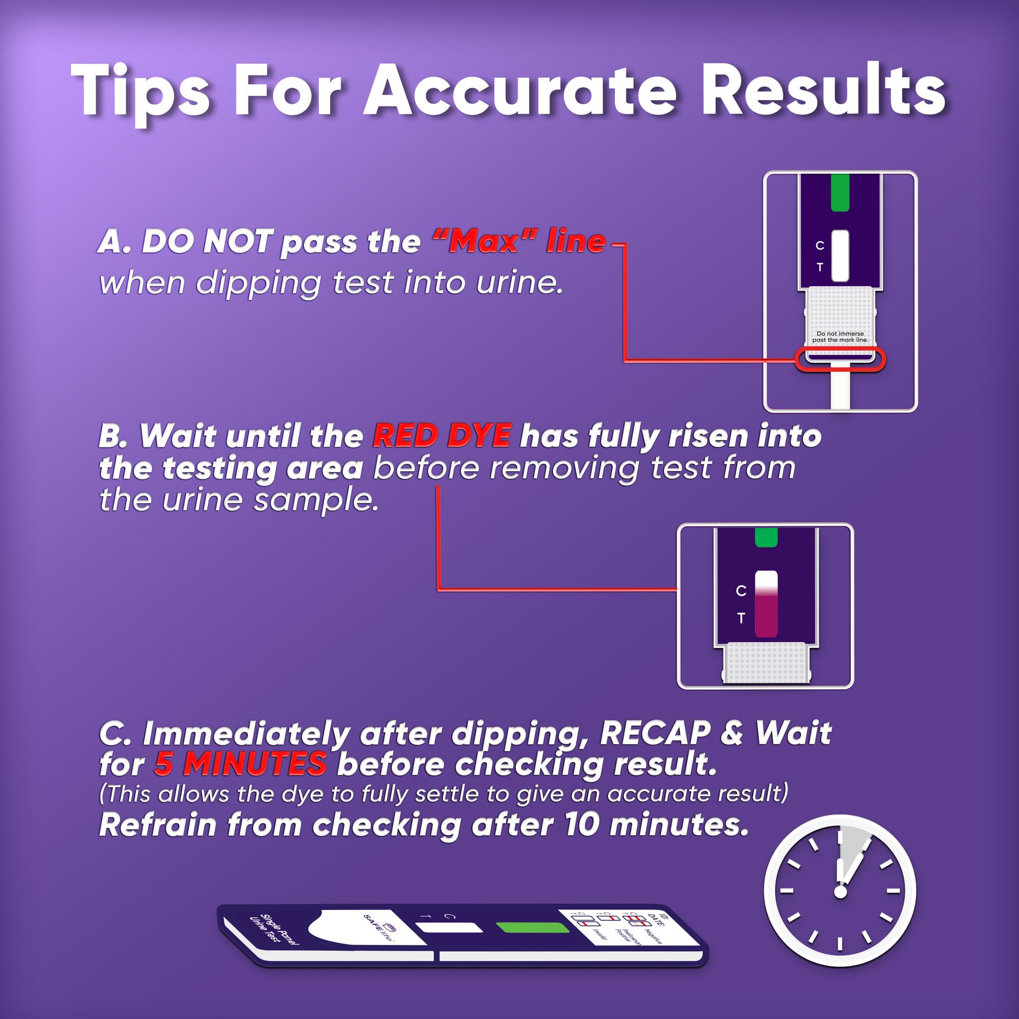 SAFE LIFE 5-minute result readout with clear control and test lines.