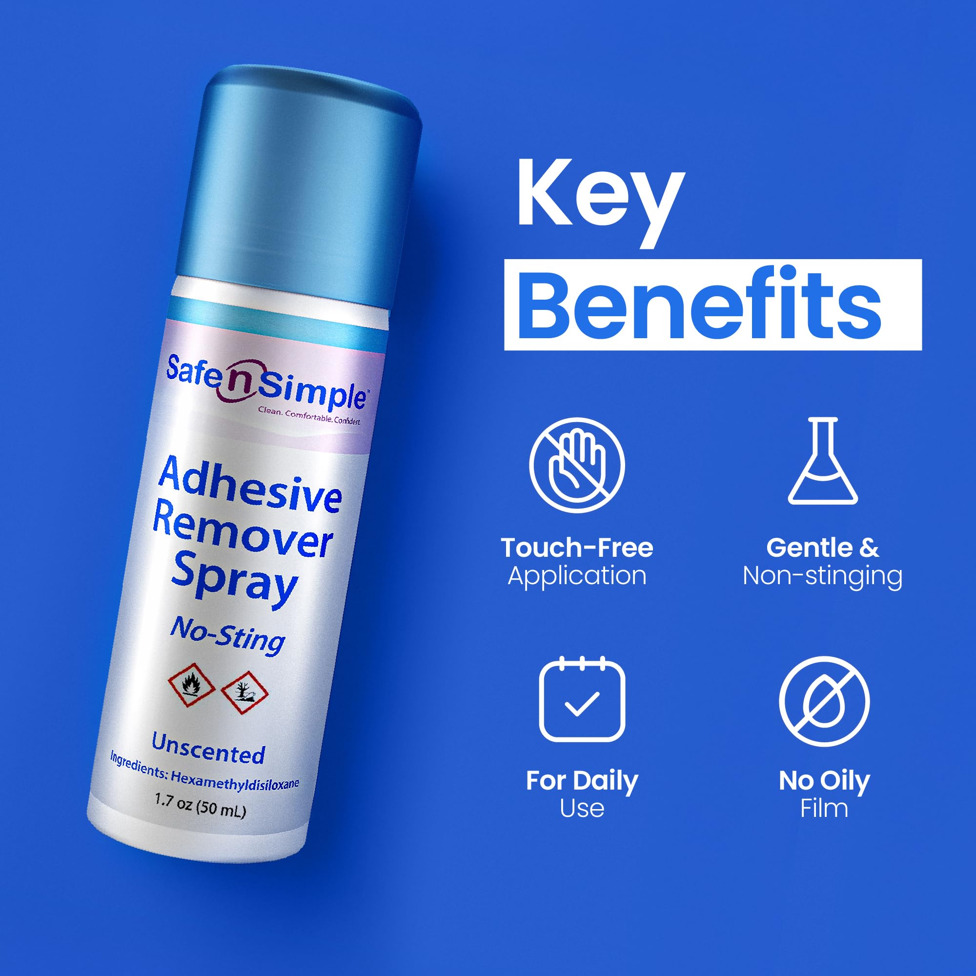 Compact travel-sized Safe n’ Simple bottle ready for portable ostomy care.
