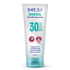 SAFE SEA sunscreen bottle labeled SPF 30 for reef-safe protection