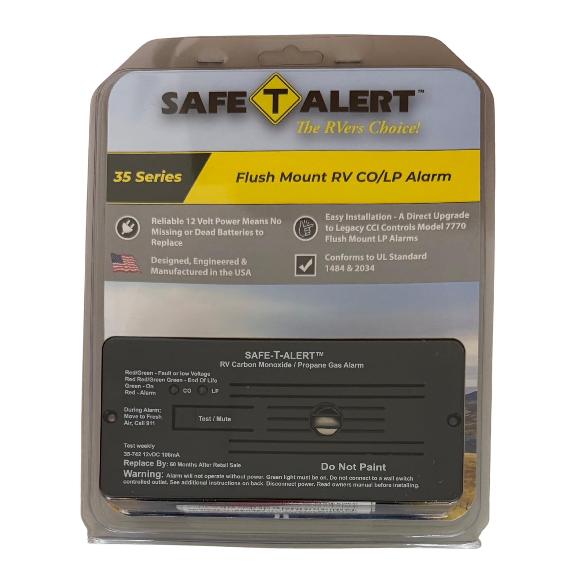 Safe T Alert 12V powered unit requires no batteries for constant protection.