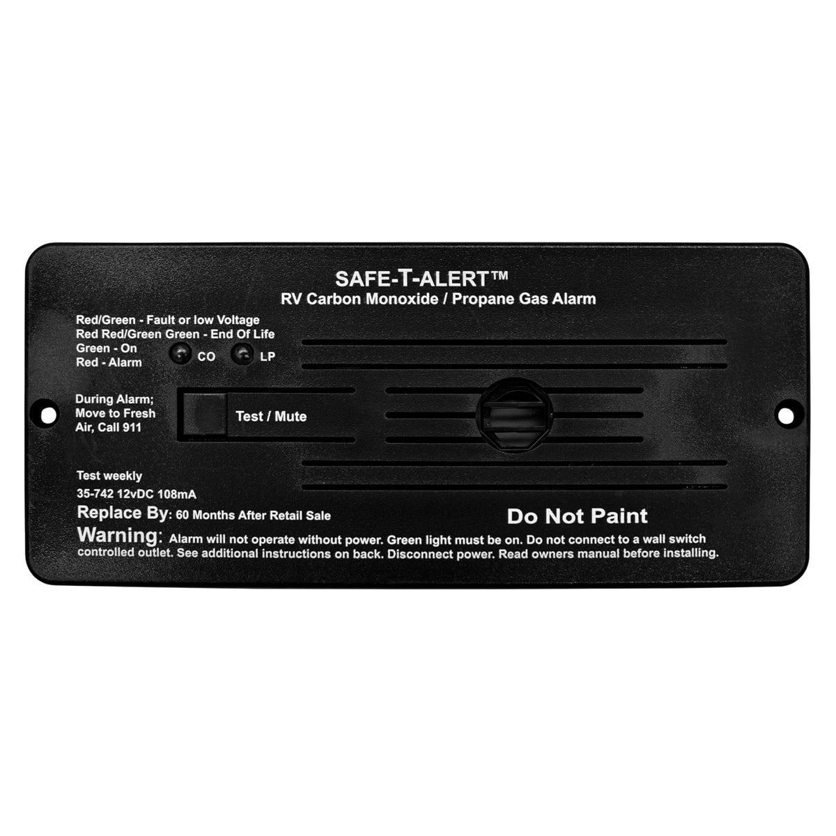 Safe T Alert dual LP/CO alarm flush-mount in black for RV safety.