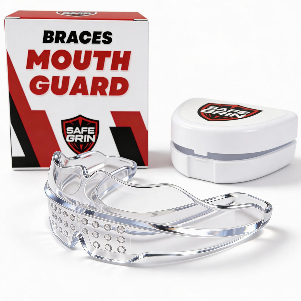 SAFE GRIN mouthguard provides all-around protection for braces during contact sports.