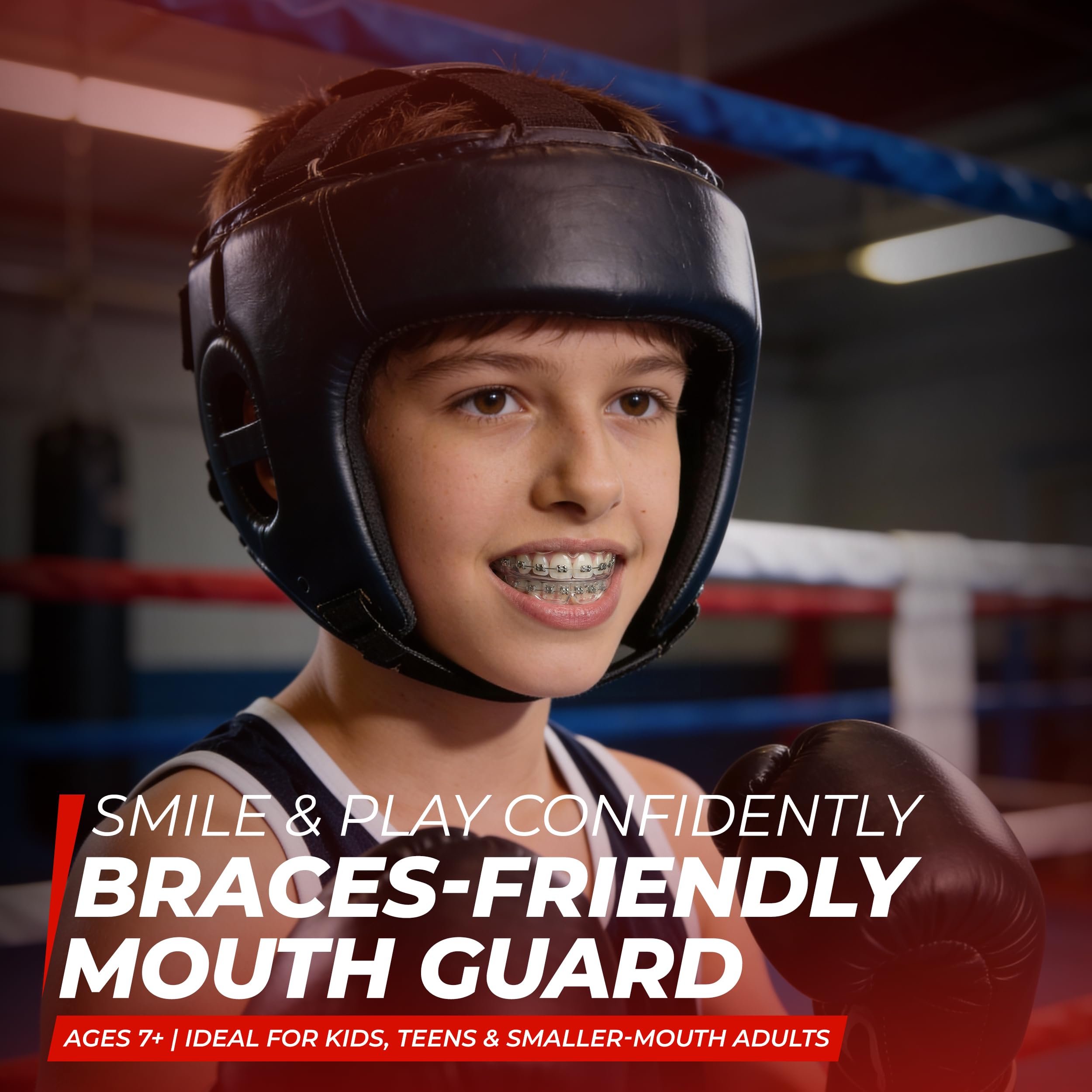 SAFE GRIN braces-friendly design shields upper and lower teeth during fast plays.