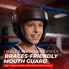 SAFE GRIN braces-friendly design shields upper and lower teeth during fast plays.