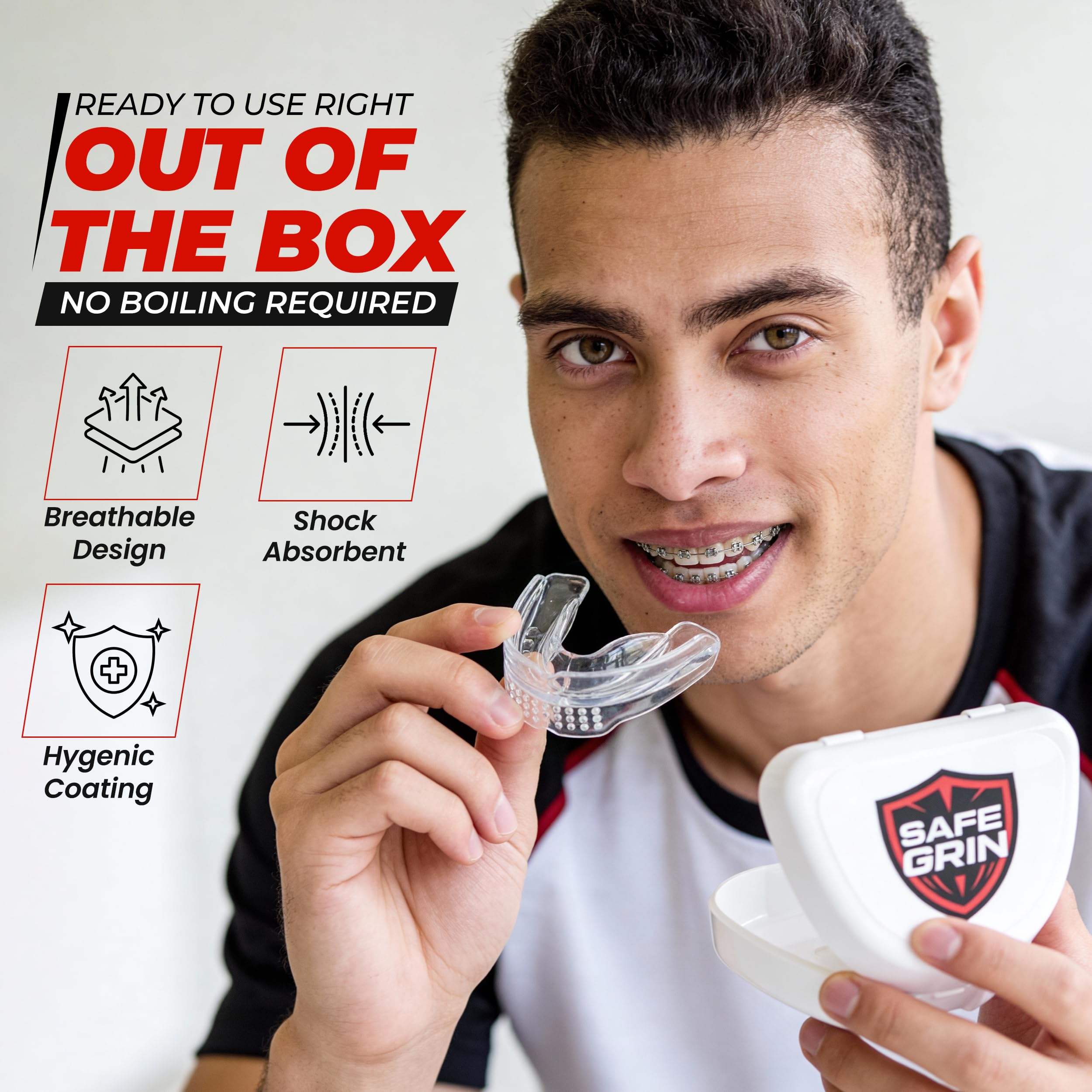 Easy-to-wear mouthguard protects braces without distractions during practice and games.
