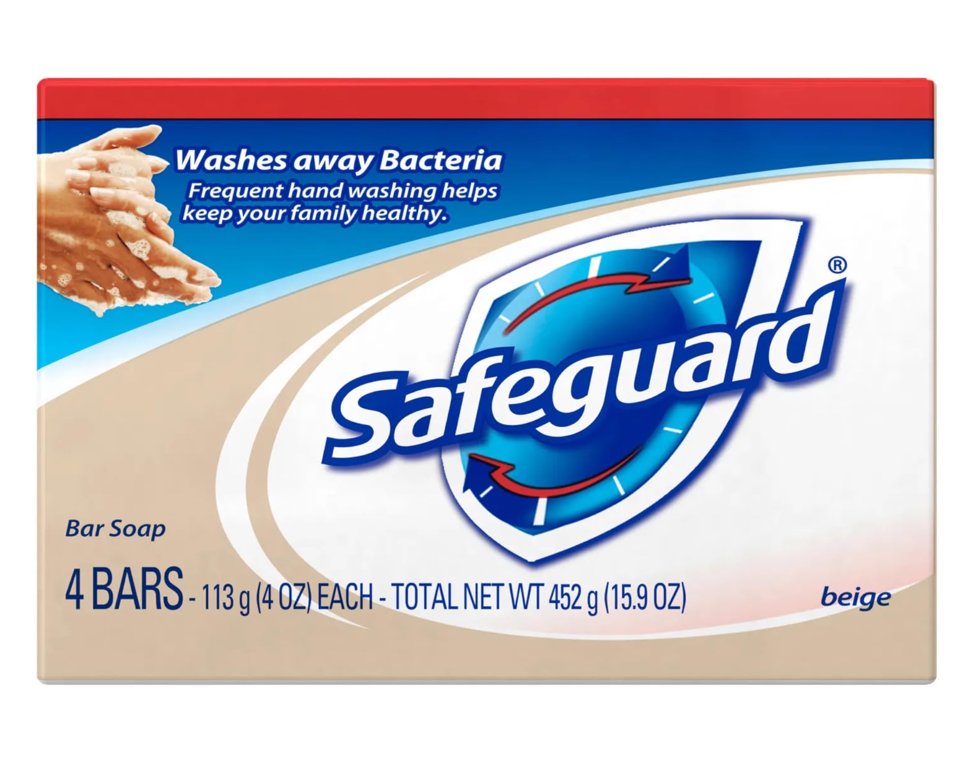 Safeguard antibacterial bath bar soap 4-pack on tiled surface for family use.