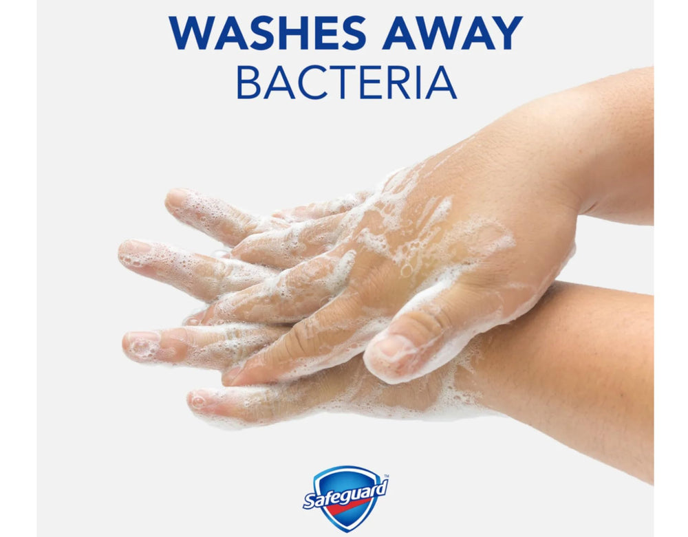 Safeguard antibacterial bath bar soap on bathroom shelf for everyday cleansing.