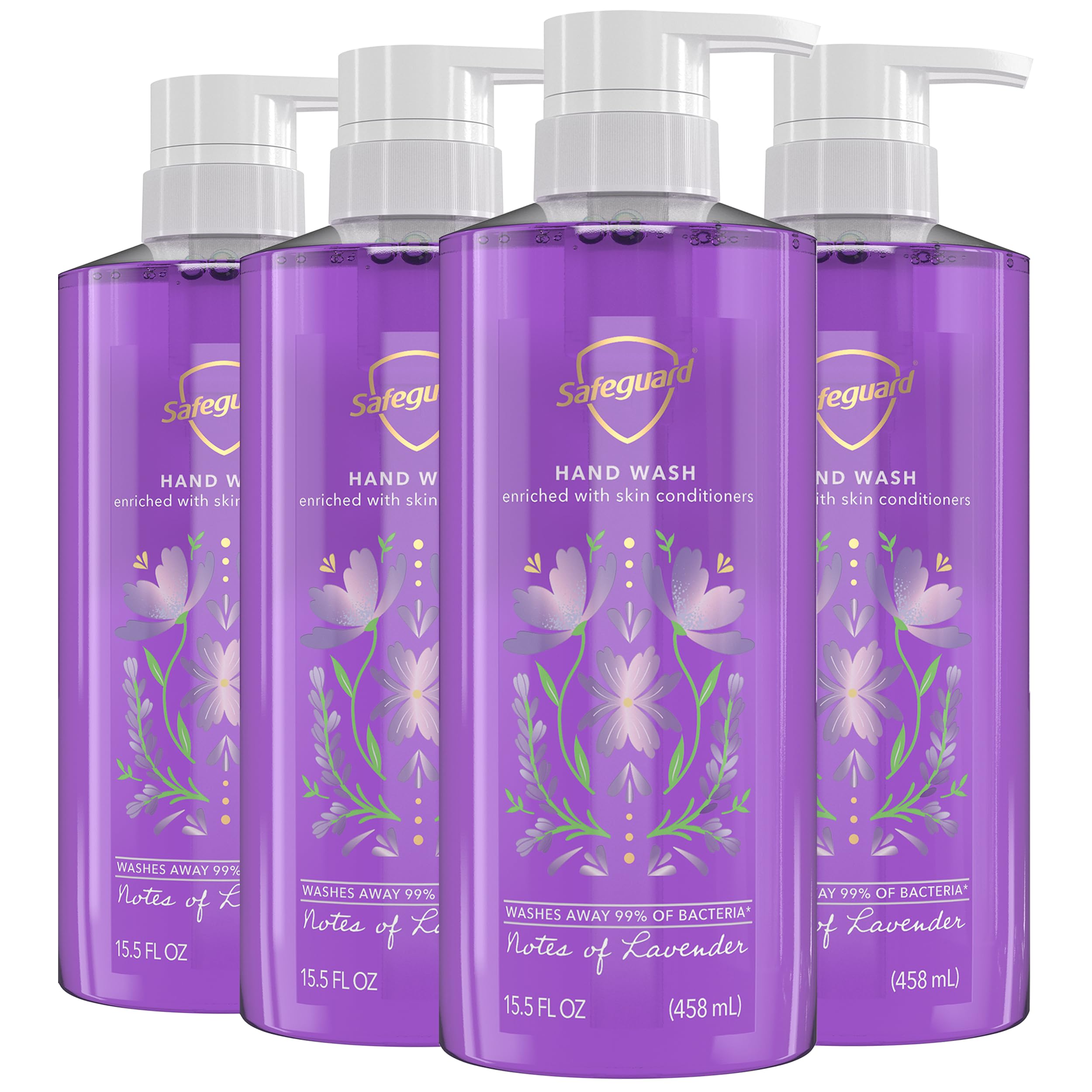 Safeguard lavender hand soap pump delivers hydrating cleansing for hands.