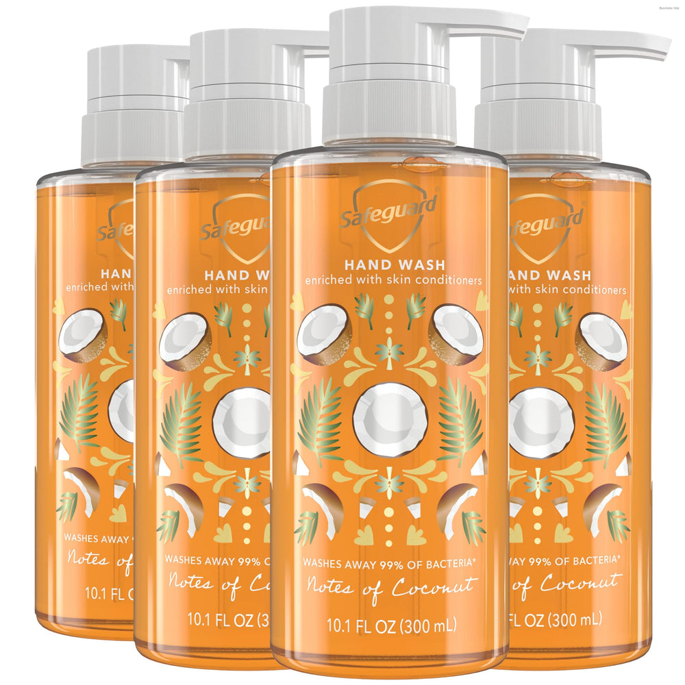 Safeguard coconut hand soap bottle front shows refreshing cleanse and coconut scent.