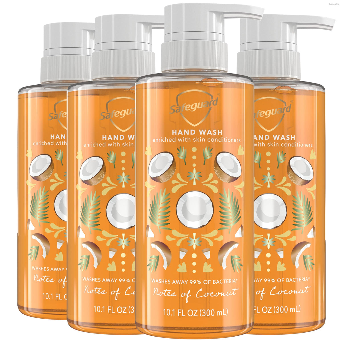 Safeguard coconut hand soap bottle front shows refreshing cleanse and coconut scent.