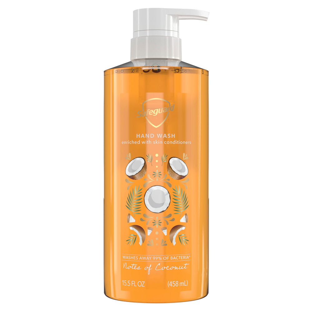 Safeguard coconut hand soap pump shows convenient dispensing and skin-friendly cleansing.