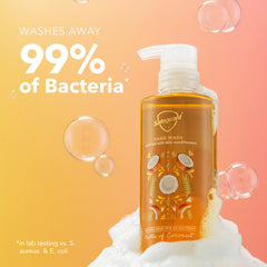 Safeguard coconut hand soap pump dispenses micellar formula for gentle cleansing.