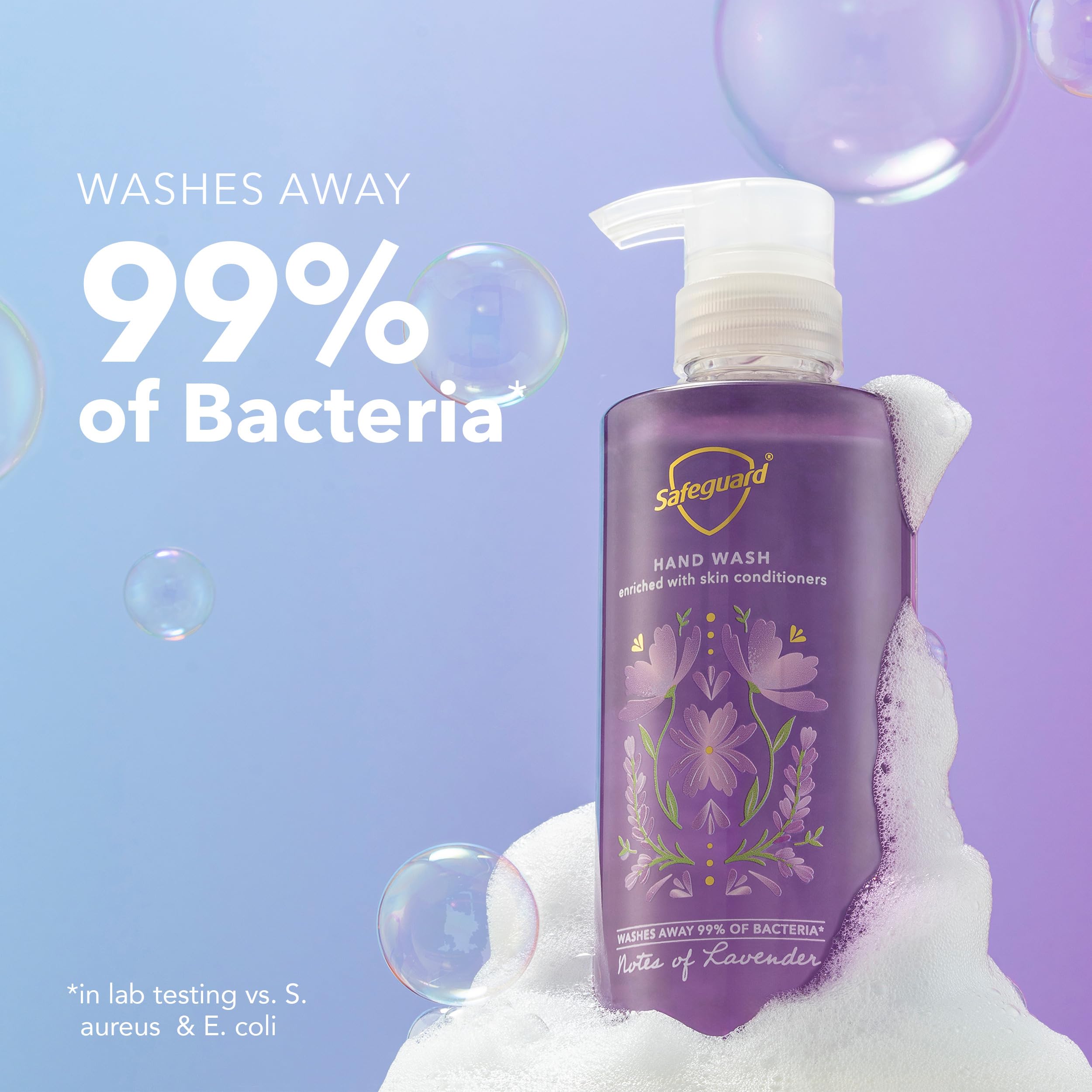 Safeguard Liquid Hand Soap lavender bottle highlighting soothing aroma for daily wash