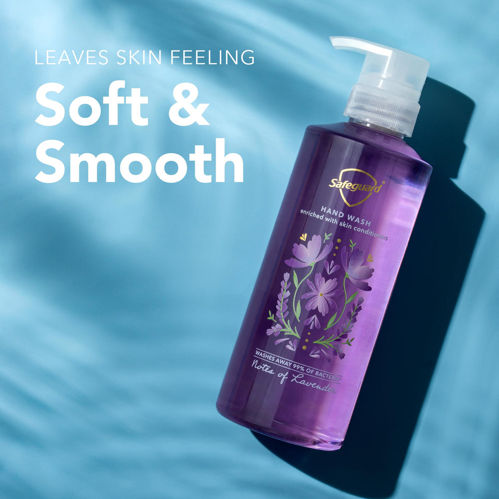 Packaging box for Safeguard lavender hand soap four-pack on display.