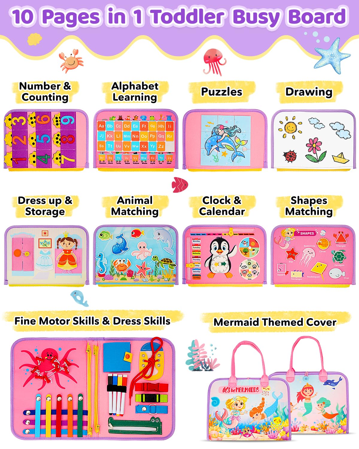 SaFeli Busy Board buttoning activity builds fine motor skills for toddlers.